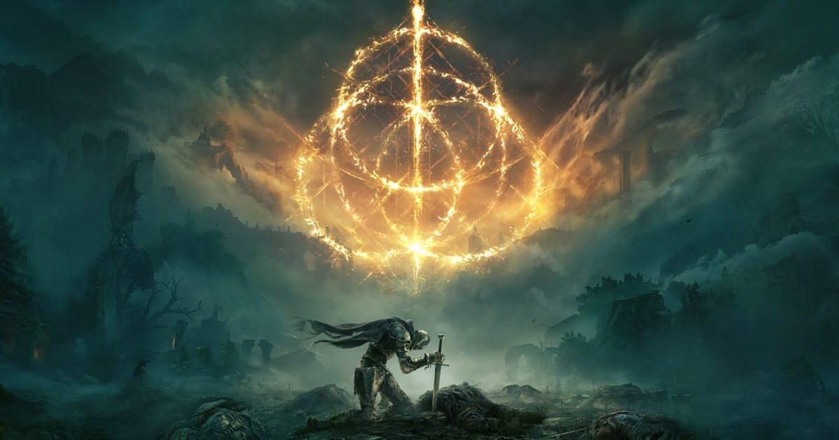 The glowing Elden Ring sigil in the sky above a lone figure standing on a hill