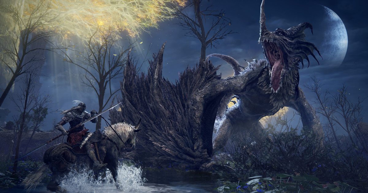 A rider with a lance charging a large dragon in a moonlit marsh