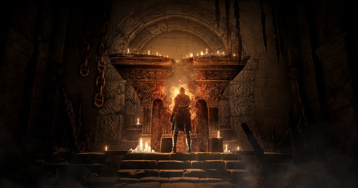 A figure standing before a candle-lit stone altar in a dark chamber