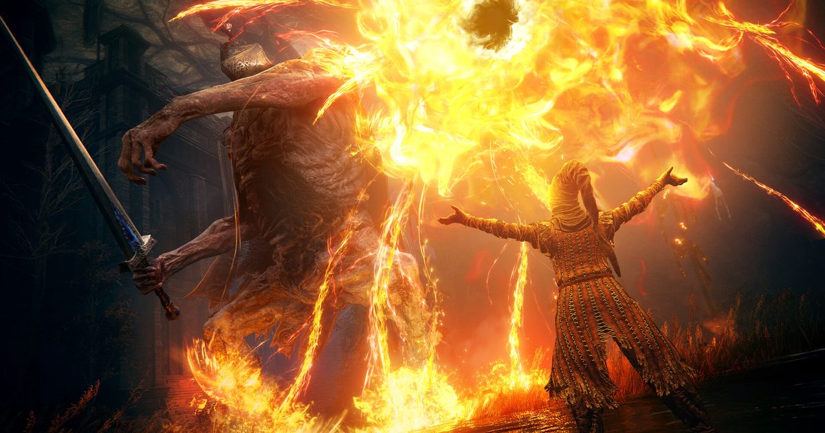 A robed figure with arms raised inside a pillar of fire, a swordsman beside them