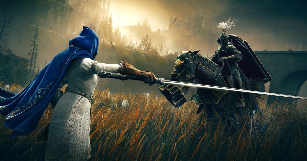 A blue-cloaked swordsman with a rapier facing a mounted black knight in a field