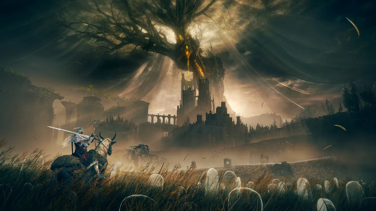 Rider approaching a vast withered tree and castle across a field of graves