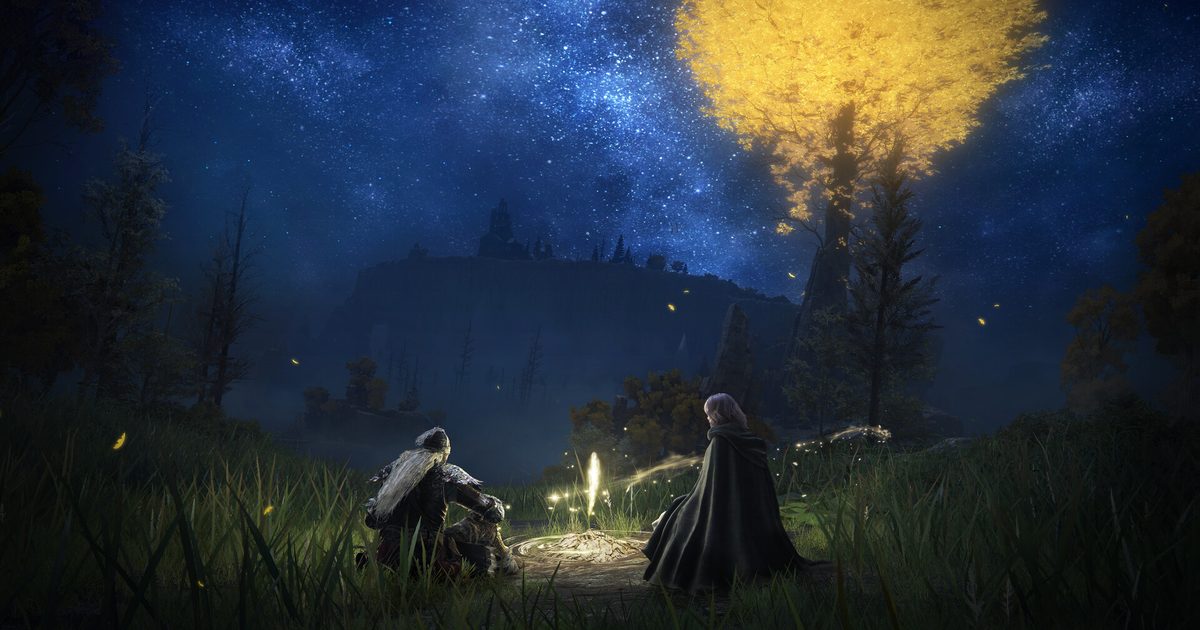 Two figures beside a small glowing light at night under a starry sky, a golden tree in the distance