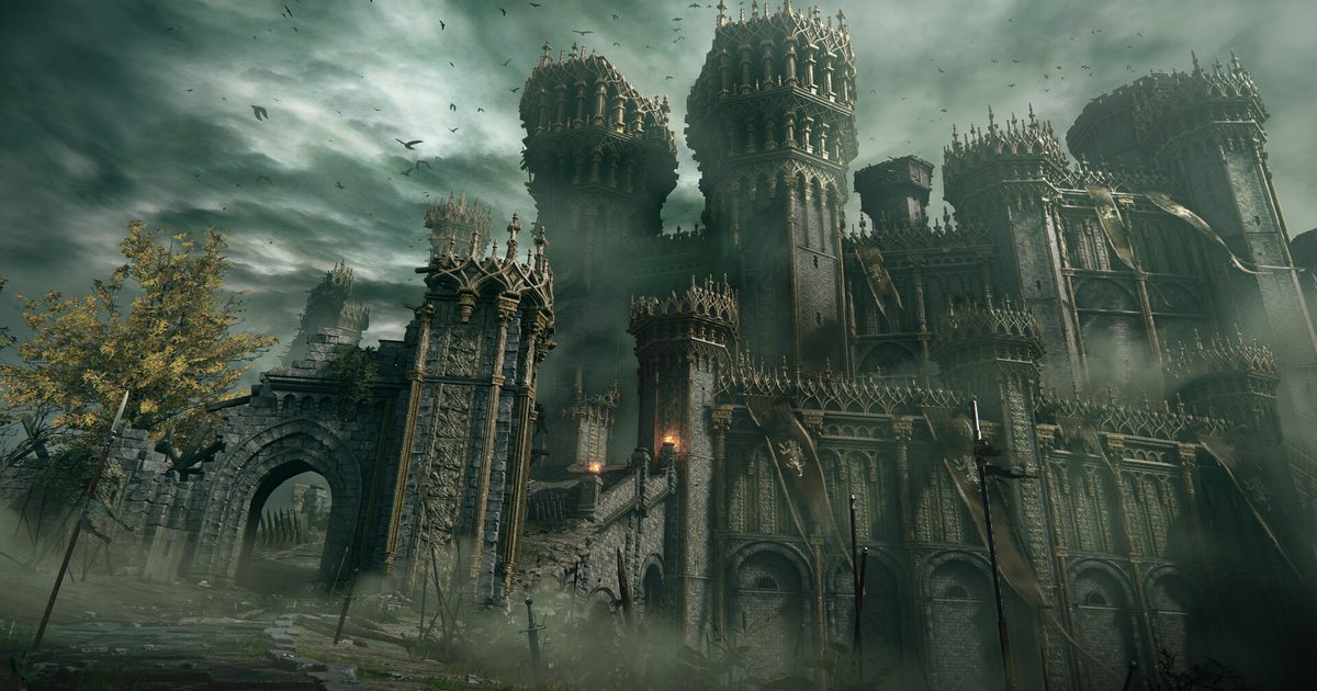 A huge gothic castle with spires under a stormy green sky