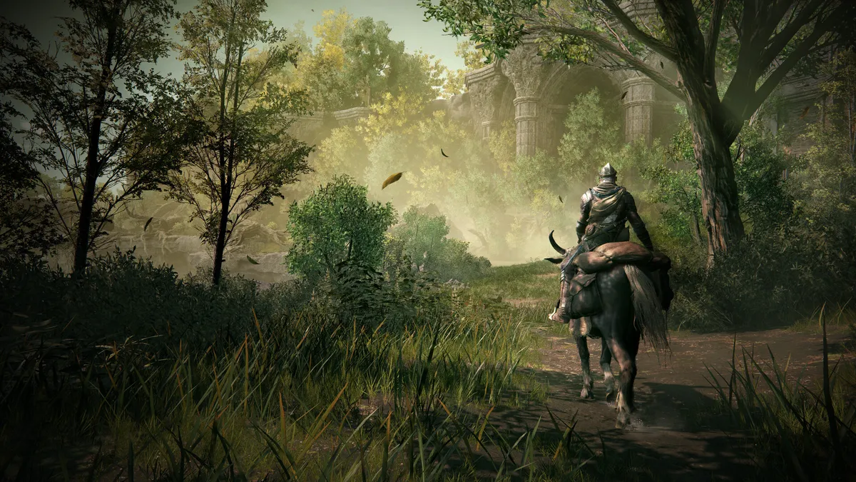 Rider on horseback in a green forest among ruins