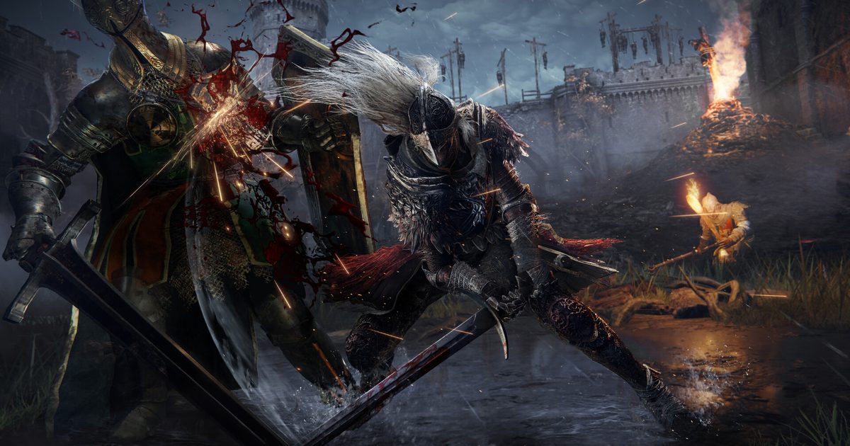 An armoured knight clashing with a white-haired armoured enemy in a burning courtyard