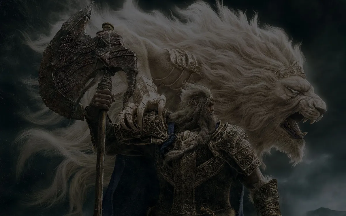 Official illustration of an armoured warrior with a great axe beside a giant roaring lion spirit