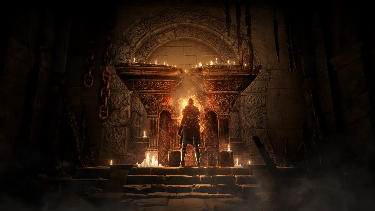 A figure standing before a candle-lit stone altar in a dark chamber