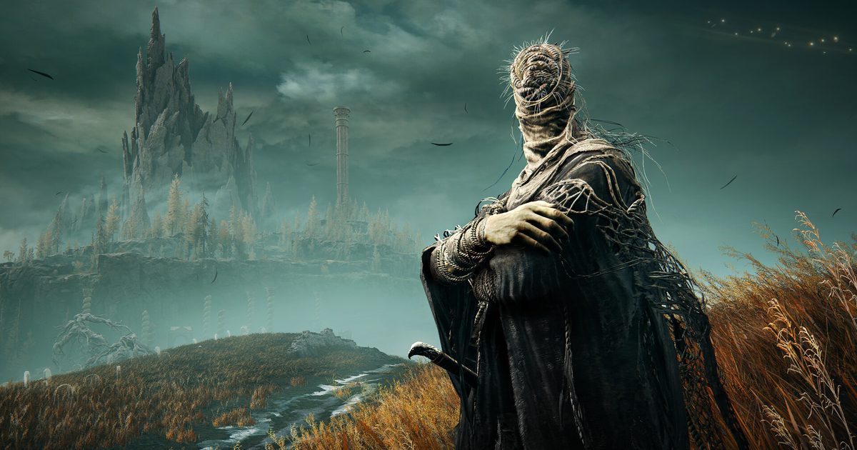 A masked figure with a bandaged head standing in the wind, a tall spire in the distance