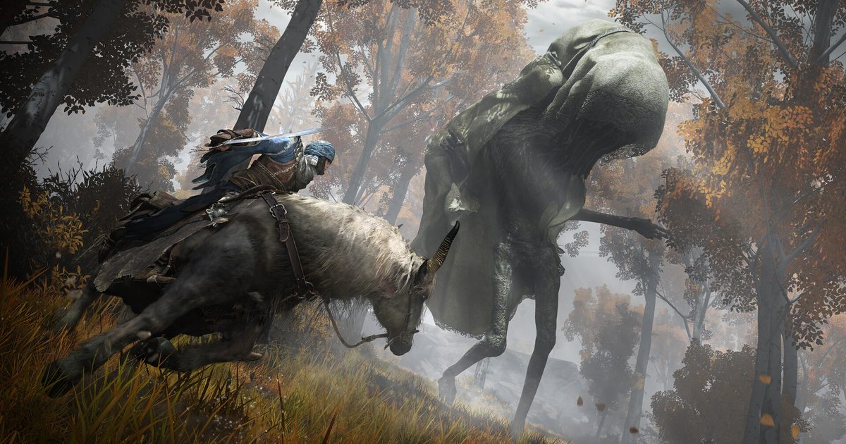 A rider on horseback in an autumn forest facing a tall hooded giant on long legs