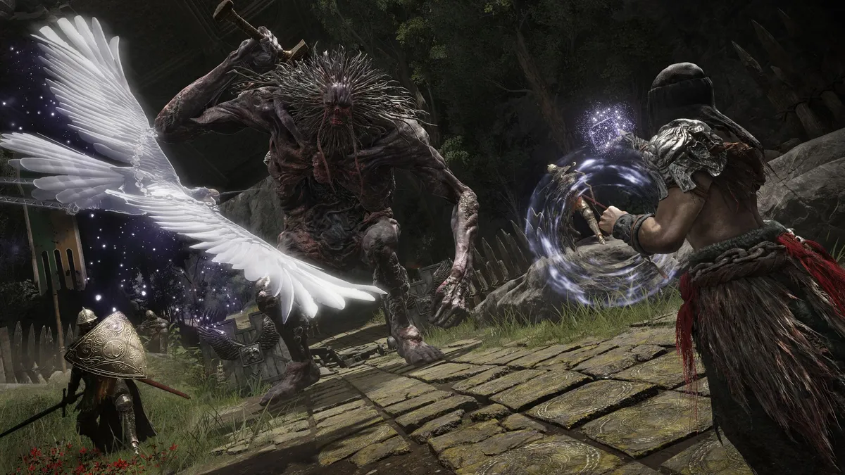 A player holding a magic shield against a hulking hairy enemy on a stone road, a white spectral bird beside them