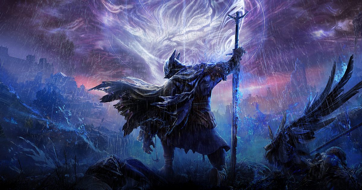 Panorama of a cloaked figure with a staff beneath a white lightning-like tree over a blue landscape