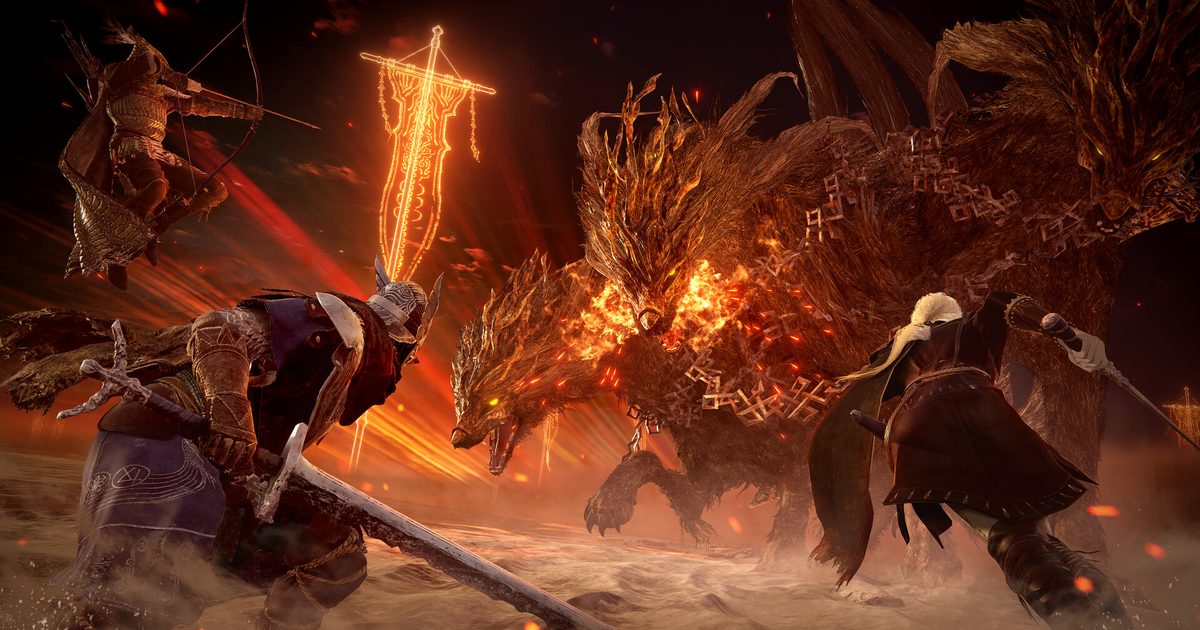 Three Nightfarers fighting a huge fiery multi-headed beast beside a burning banner