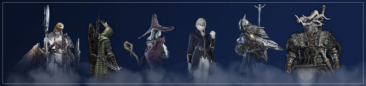 A banner lineup of six Nightfarers standing in mist
