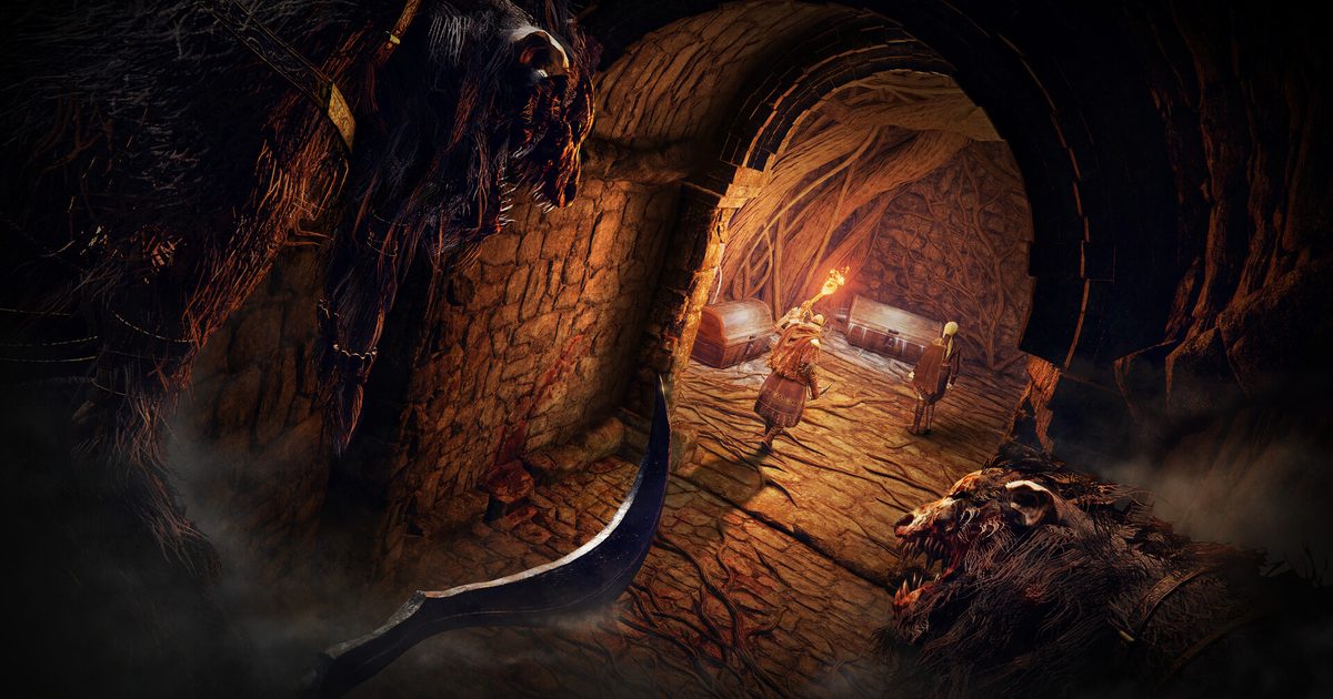 A torchlit tunnel with players advancing past a monstrous shadow and a blade in the foreground