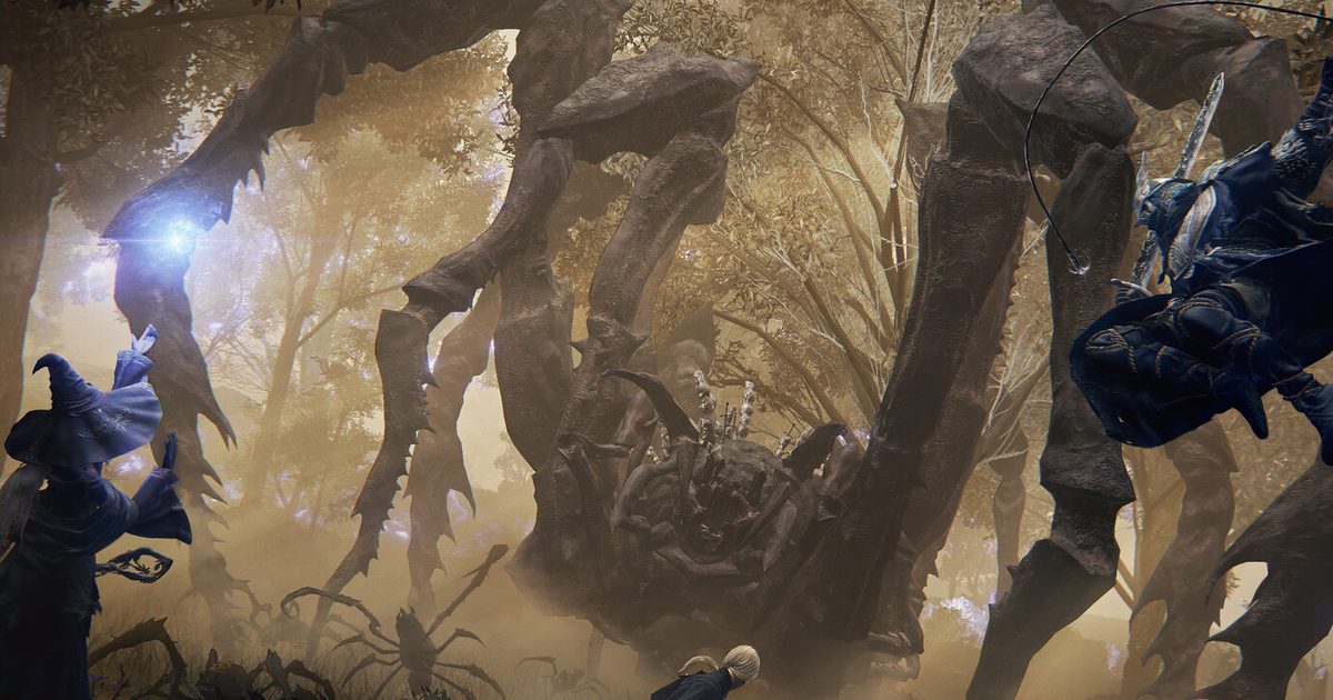 A giant many-legged creature towering over players in a misty forest