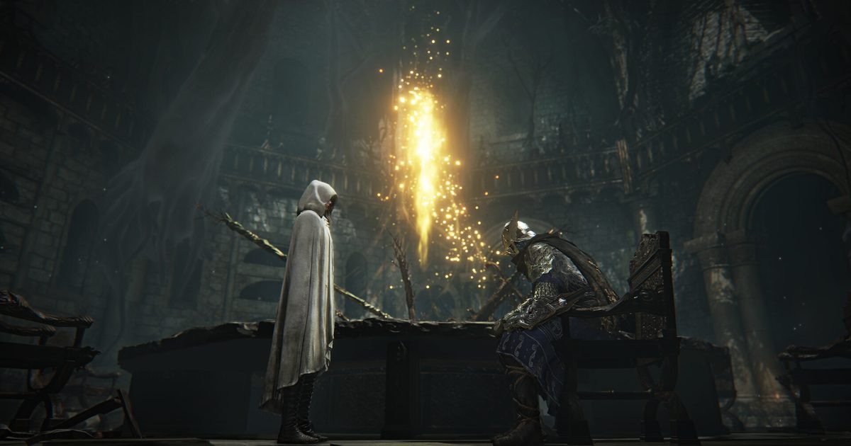 A hooded white-robed figure and an armoured figure at a table showered in golden sparks