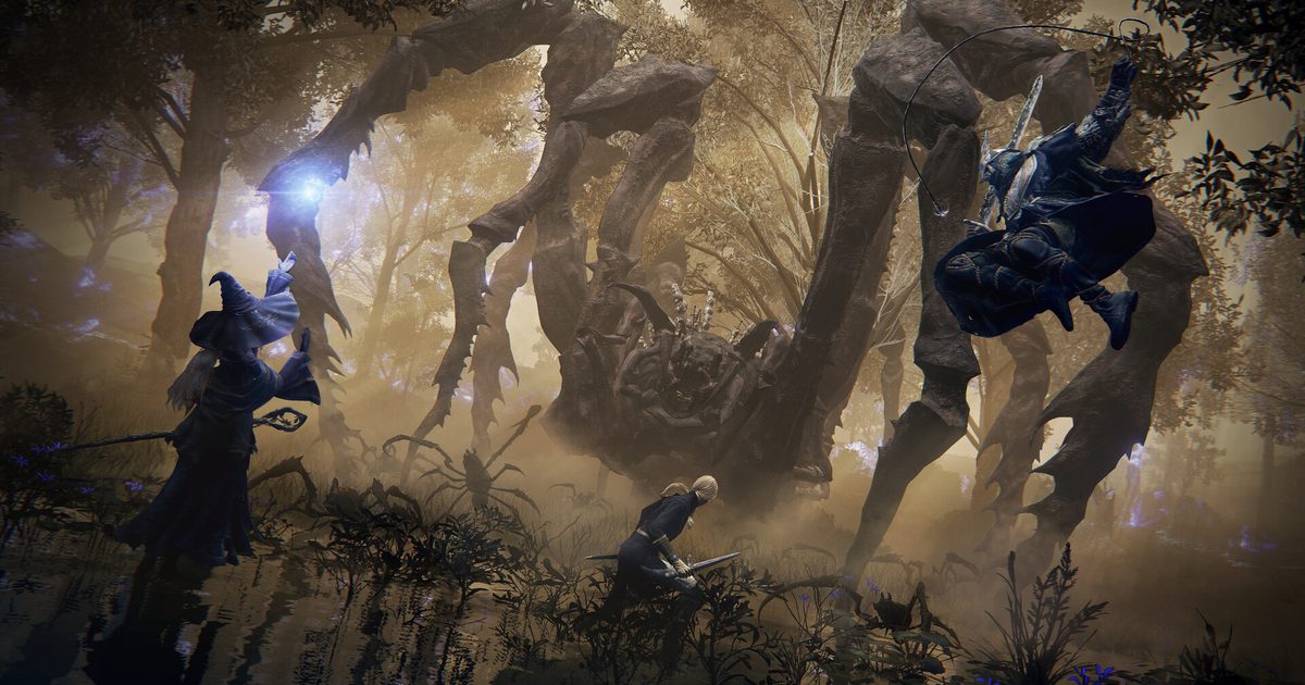 Players fighting a giant many-legged creature in a misty forest while a caster casts blue light