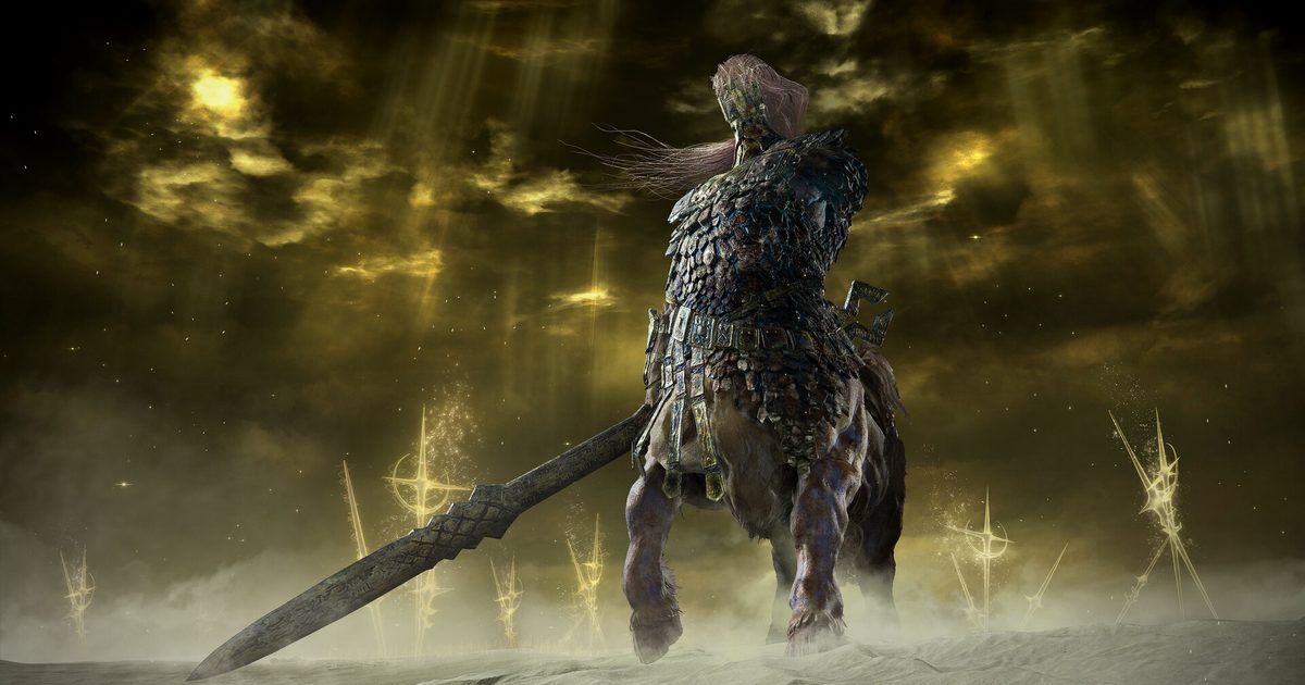 A huge armoured centaur-like creature with a sword crossing a golden glowing field