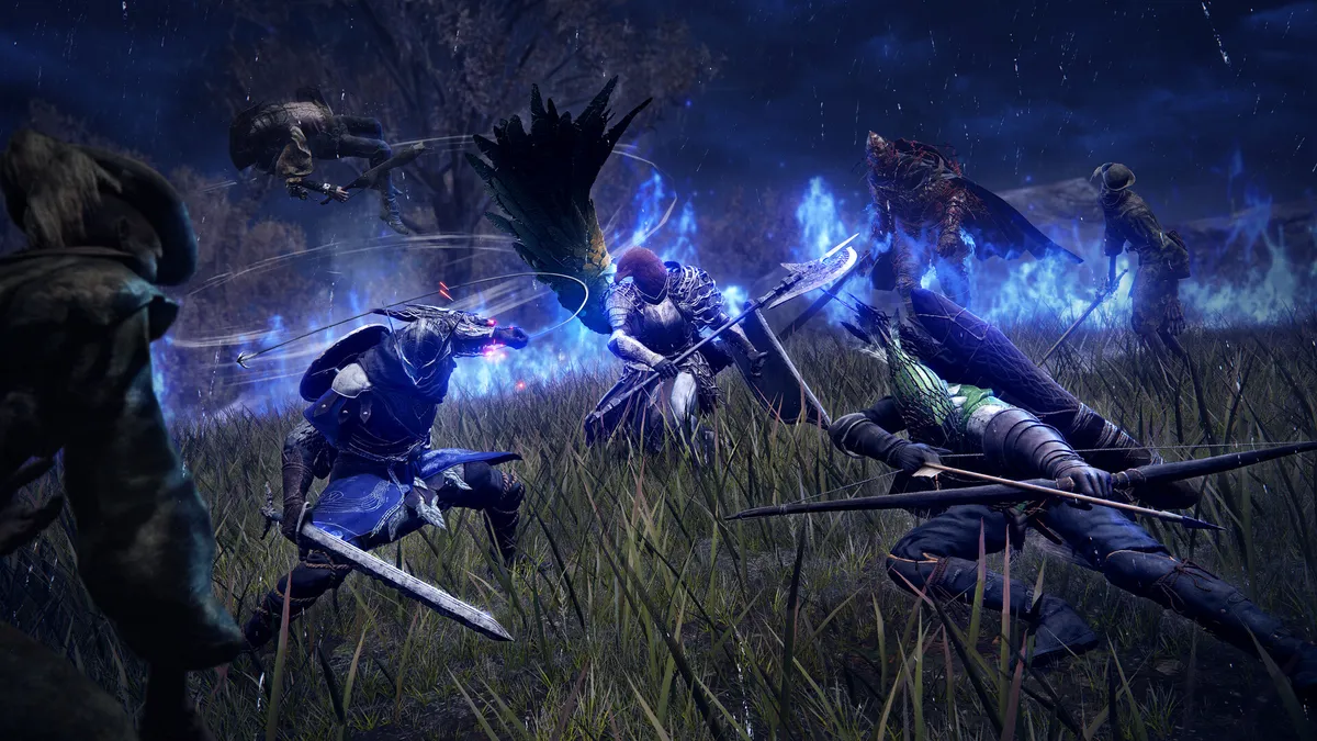 Nightfarers fighting at night in tall grass amid blue flames