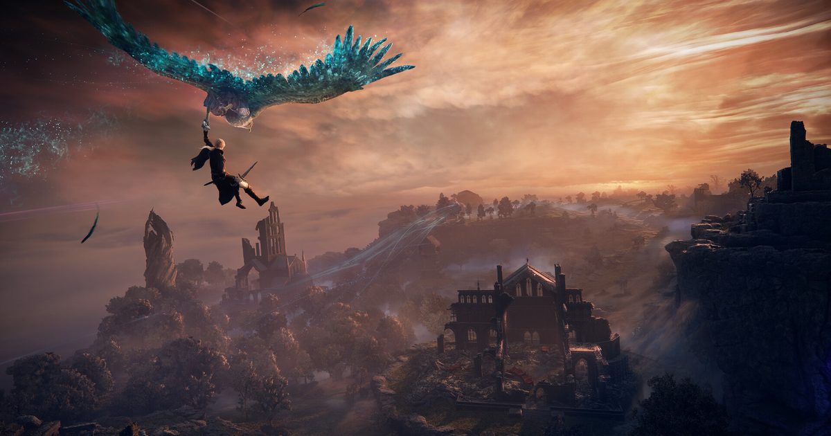 A player hanging beneath a giant spectral blue bird, gliding over ruins at dusk