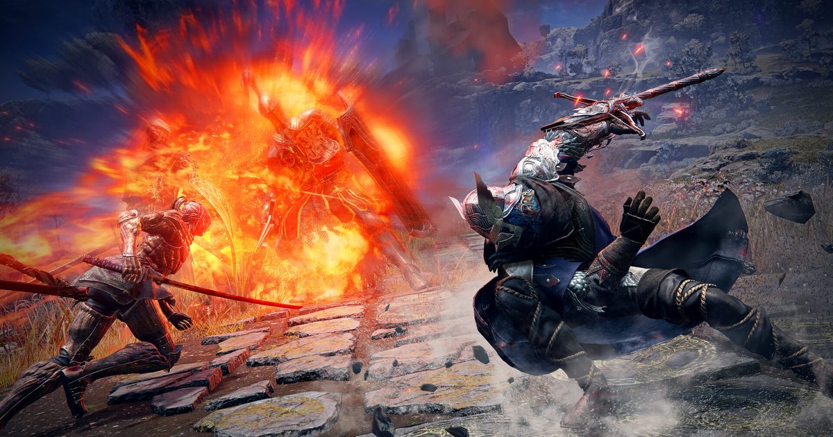 Two fighters on a stone floor, one caught in a fiery explosion