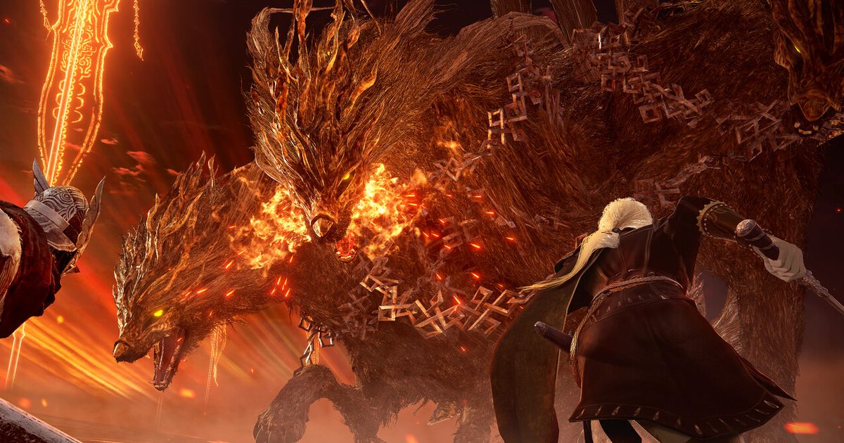 A huge multi-headed fiery hound bearing down on two Nightfarers