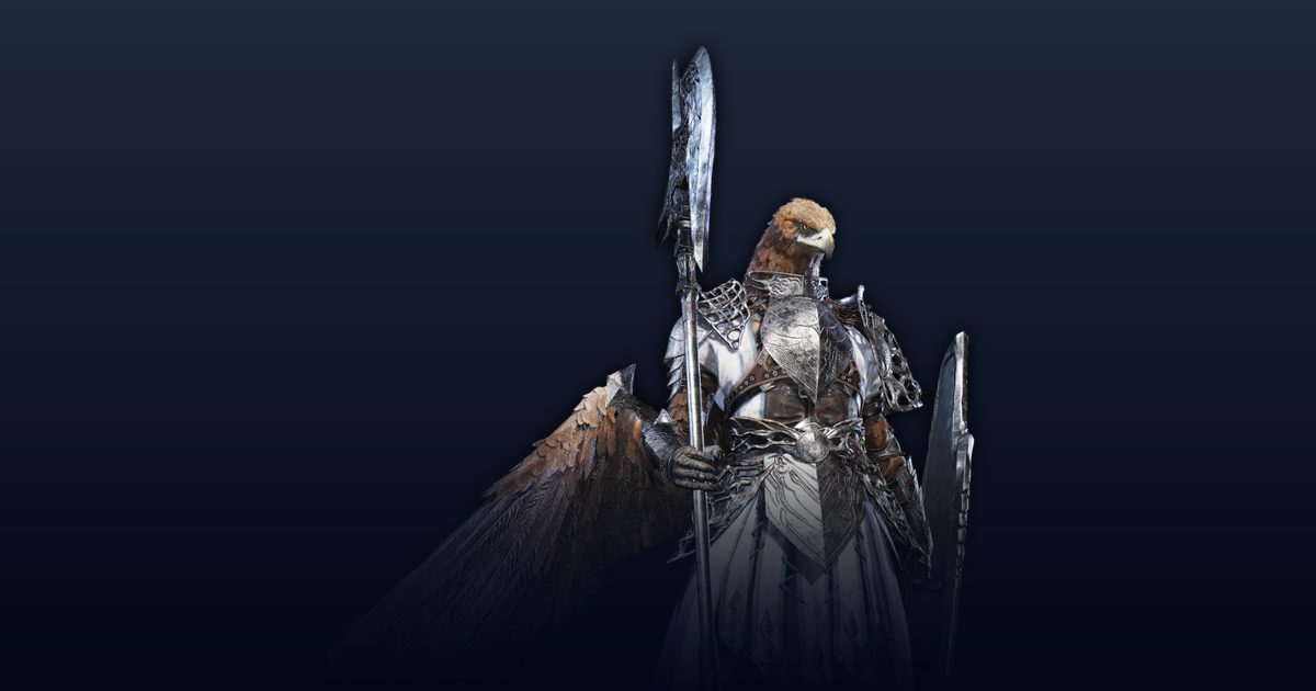 Official render of the Guardian, a bird-headed knight in silver armour holding a halberd