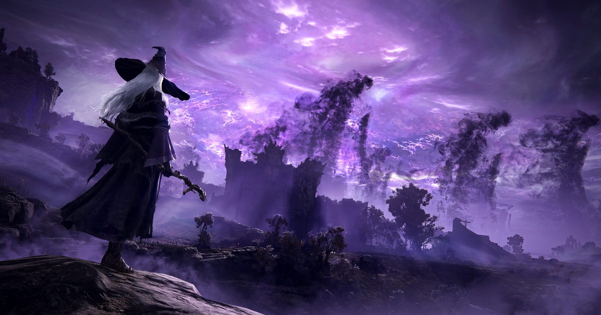 A caster in a pointed hat with a staff overlooking a purple storm over ruins
