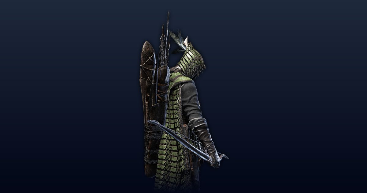 Official render of Ironeye, a hooded archer in green scale armour with a quiver on his back